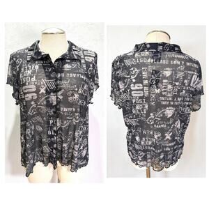 Hot‎ Topic Social Collision Mesh Top Plus Size 5 5X 28 Graffiti Newspaper Sheer